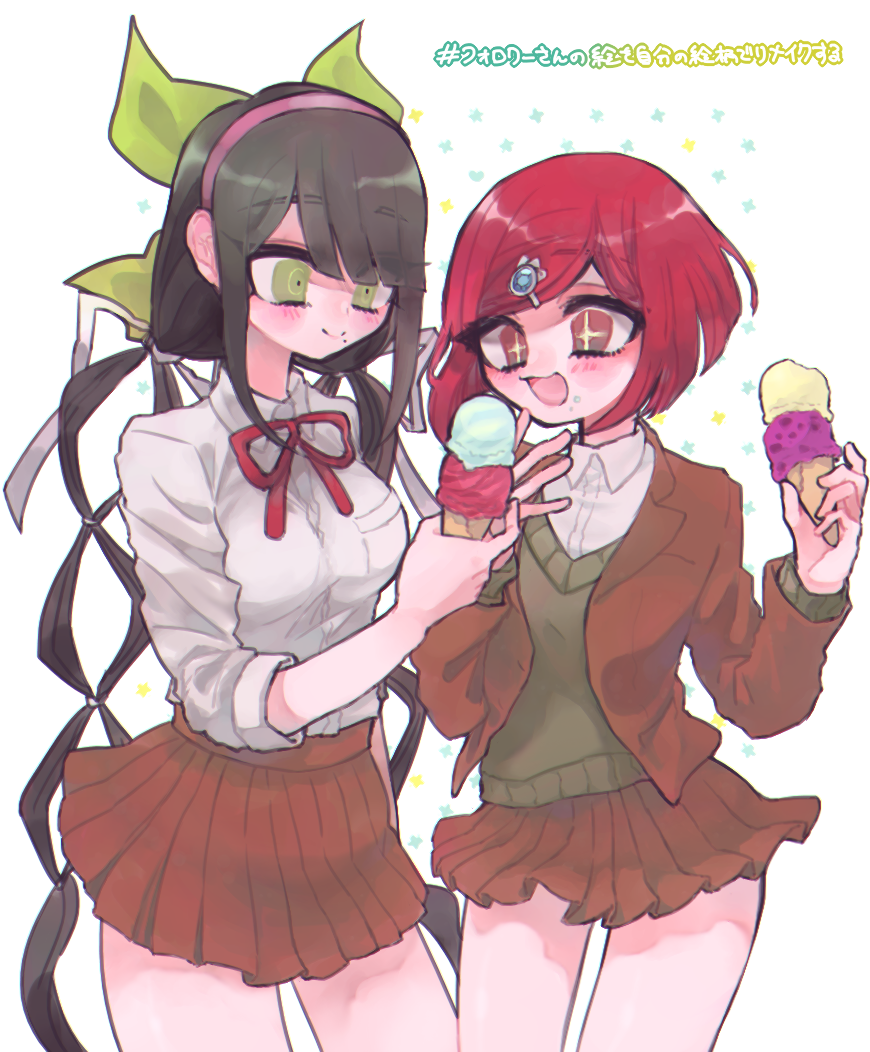 +_+, 2girls, alternate_costume, black_hair, blush, brown_jacket, brown_skirt, brown_vest