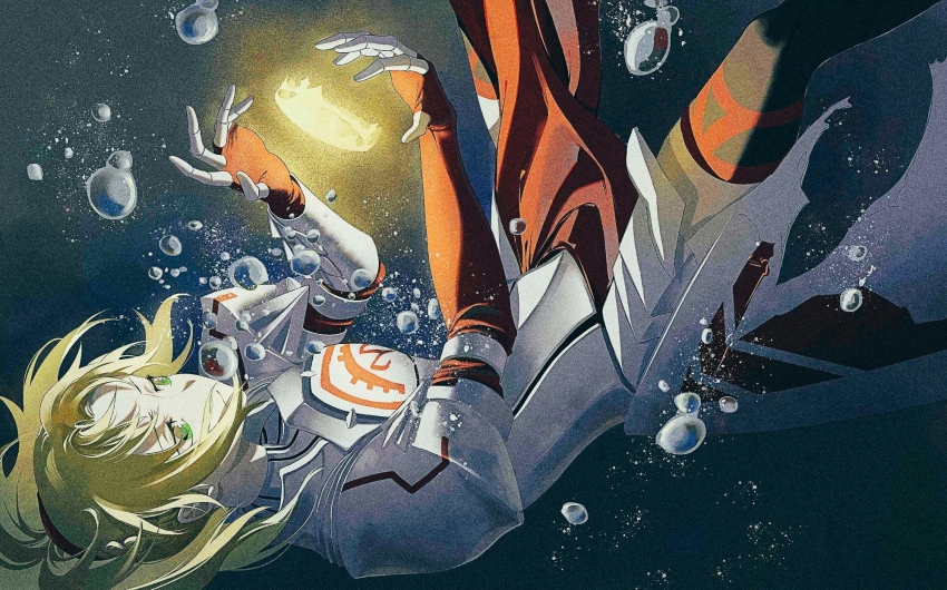 1girl, air_bubble, armor, armored_gloves, black_thighhighs, blonde_hair, braid, breastplate