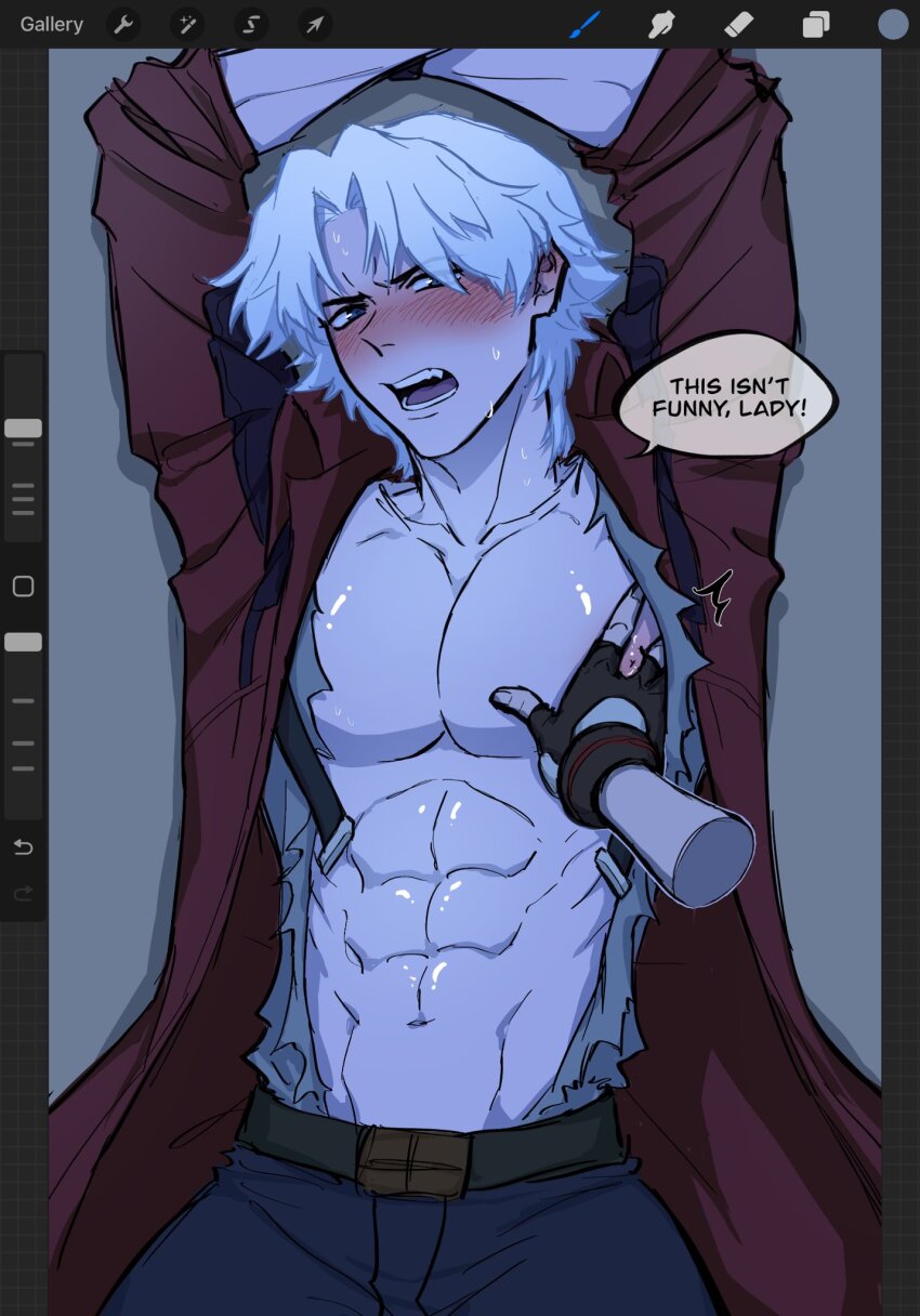 1boy, 1girl, abs, art_program_in_frame, blush, dante_(devil_may_cry), devil_may_cry_(netflix), devil_may_cry_(series)