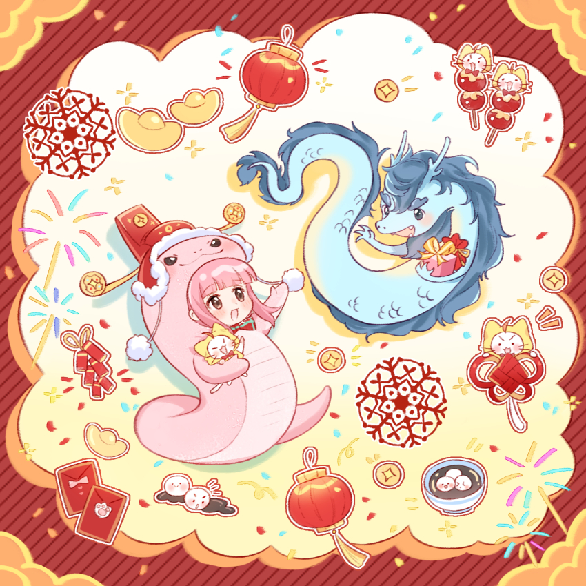 1girl, ^_^, ahoge, animal, animal_costume, artist_request, black_eyes, blunt_bangs