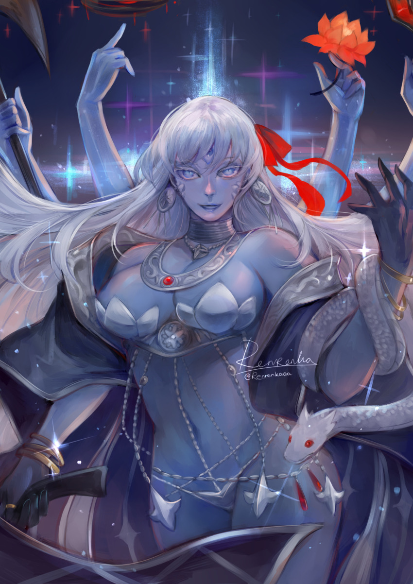 1girl, armor, bikini_armor, blue_eyes, blue_skin, breasts, colored_skin, extra_arms, fate/grand_order, fate_(series), highres, holding, holding_weapon, kali_(fate), large_breasts, long_hair, looking_at_viewer, renrenka_noi, solo, third_eye, very_long_hair, weapon