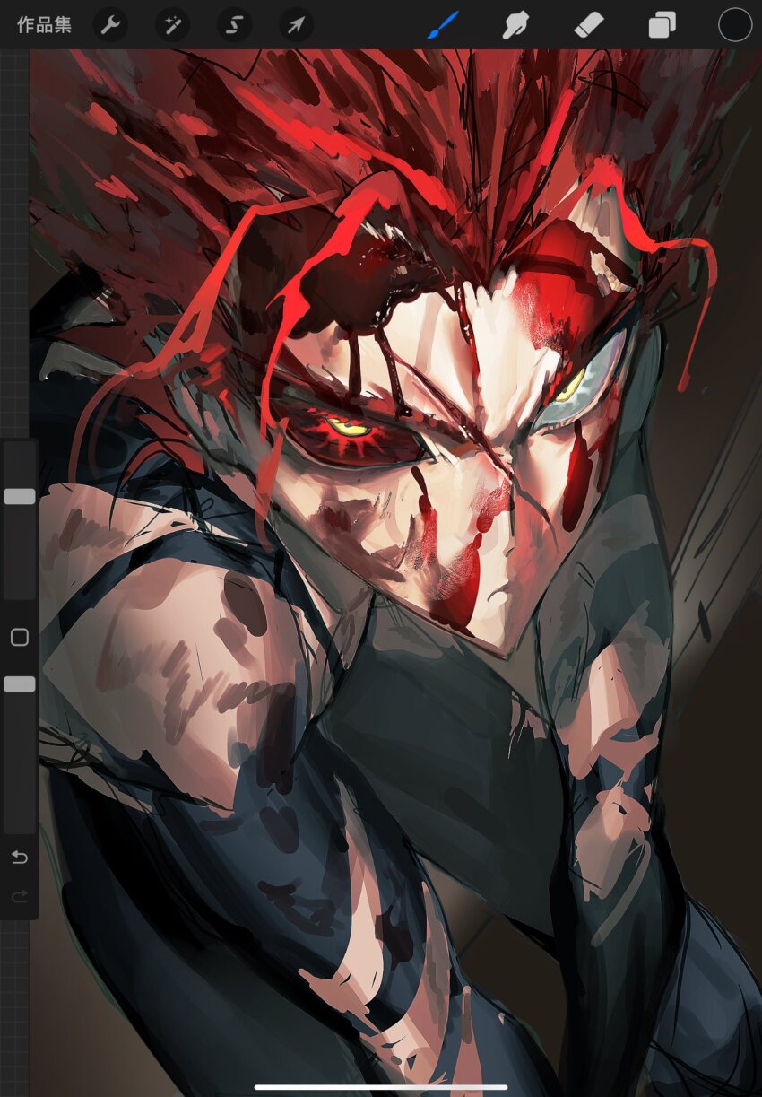 1boy, alternate_hair_color, art_program_in_frame, battle_damage, blood, blood_on_face, garou_(one-punch_man), highres, humanfly691122, looking_at_viewer, male_focus, one-punch_man, red_hair, sketch, solo, unfinished