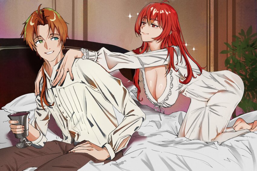 1girl, aged_up, bed, bed_sheet, breasts, brown_hair, couple, eris_greyrat