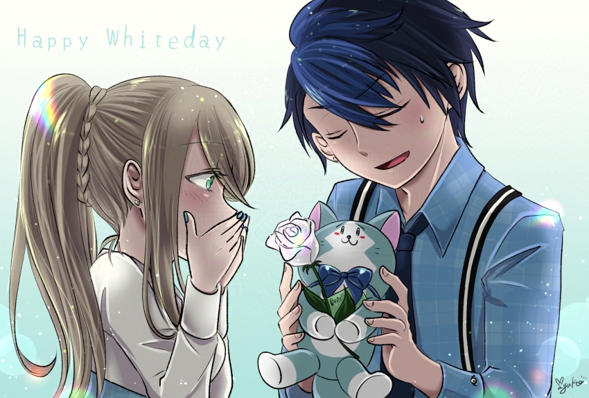 1boy, 1girl, age_regression, aged_down, black_hair, blonde_hair, blue_hair, blush, braid, closed_eyes, ear_piercing, eiyuu_densetsu, elaine_auclair, english_text, flower, gradient_background, happy_white_day, highres, holding, holding_flower, holding_stuffed_toy, kuro_no_kiseki_(series), mayu_(cocomayura), mishy, multicolored_hair, nail_polish, open_mouth, piercing, ponytail, ponytail_with_braided_base, rose, signature, simple_background, stuffed_animal, stuffed_cat, stuffed_toy, sweatdrop, two-tone_hair, van_arkride, white_flower, white_rose