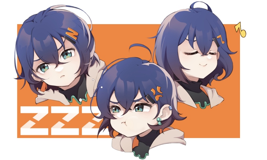 1girl, :t, aqua_eyes, bbyiren, belle_(zenless_zone_zero), black_shirt, blue_hair, blush