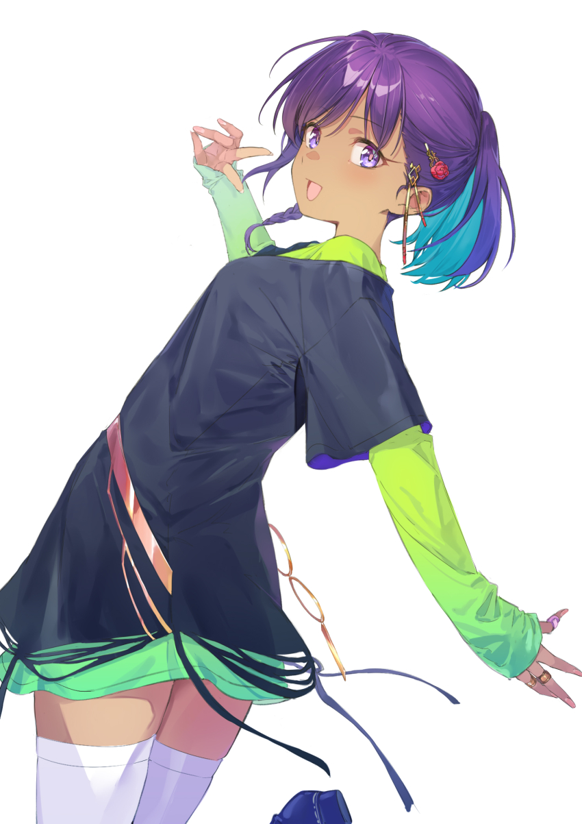 1girl, ayus_(fate), blush, breasts, coffeekite, fate/grand_order, fate_(series), fingernails, hair_ornament, hairclip, highres, long_sleeves, looking_at_viewer, medium_hair, open_mouth, ponytail, purple_eyes, purple_hair, small_breasts, smile, solo, thighhighs