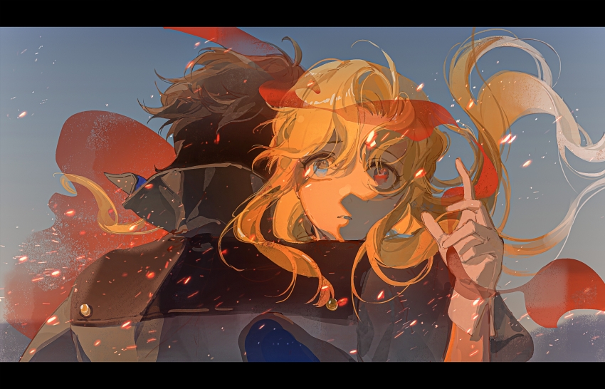 1boy, 1girl, ash_echoes, black_hair, blonde_hair, blue_eyes, coat, director_(ash_echoes)