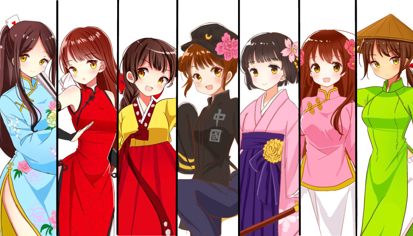 6+girls, absurdres, ahoge, ao_dai, axis_powers_hetalia, bare_shoulders, black_hair, blush