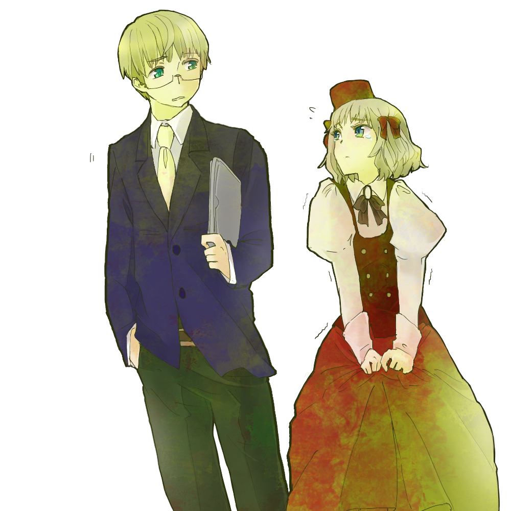 1boy, 1girl, axis_powers_hetalia, black_vest, blonde_hair, blue_coat, bow, breasts