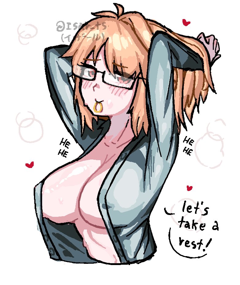1girl, arcueid_brunestud, belaweb123, blonde_hair, blush, breasts, english_text, glasses