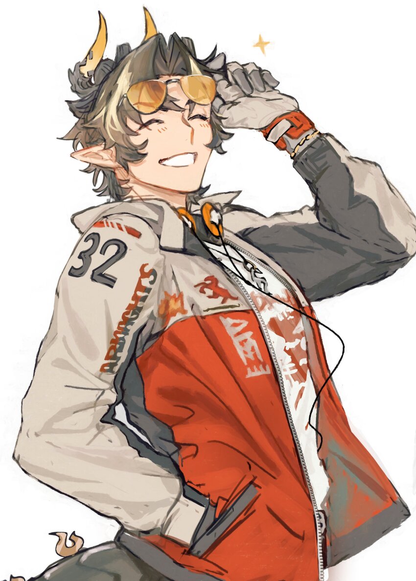 1boy, absurdres, arknights, arm_up, blush, brown_hair, chinese_commentary, chongyue_(all-round_actor)_(arknights)