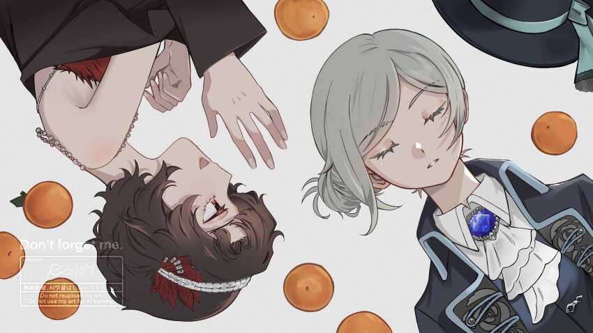 2girls, :d, absurdres, ascot, bare_shoulders, black_coat, black_hair, black_hat