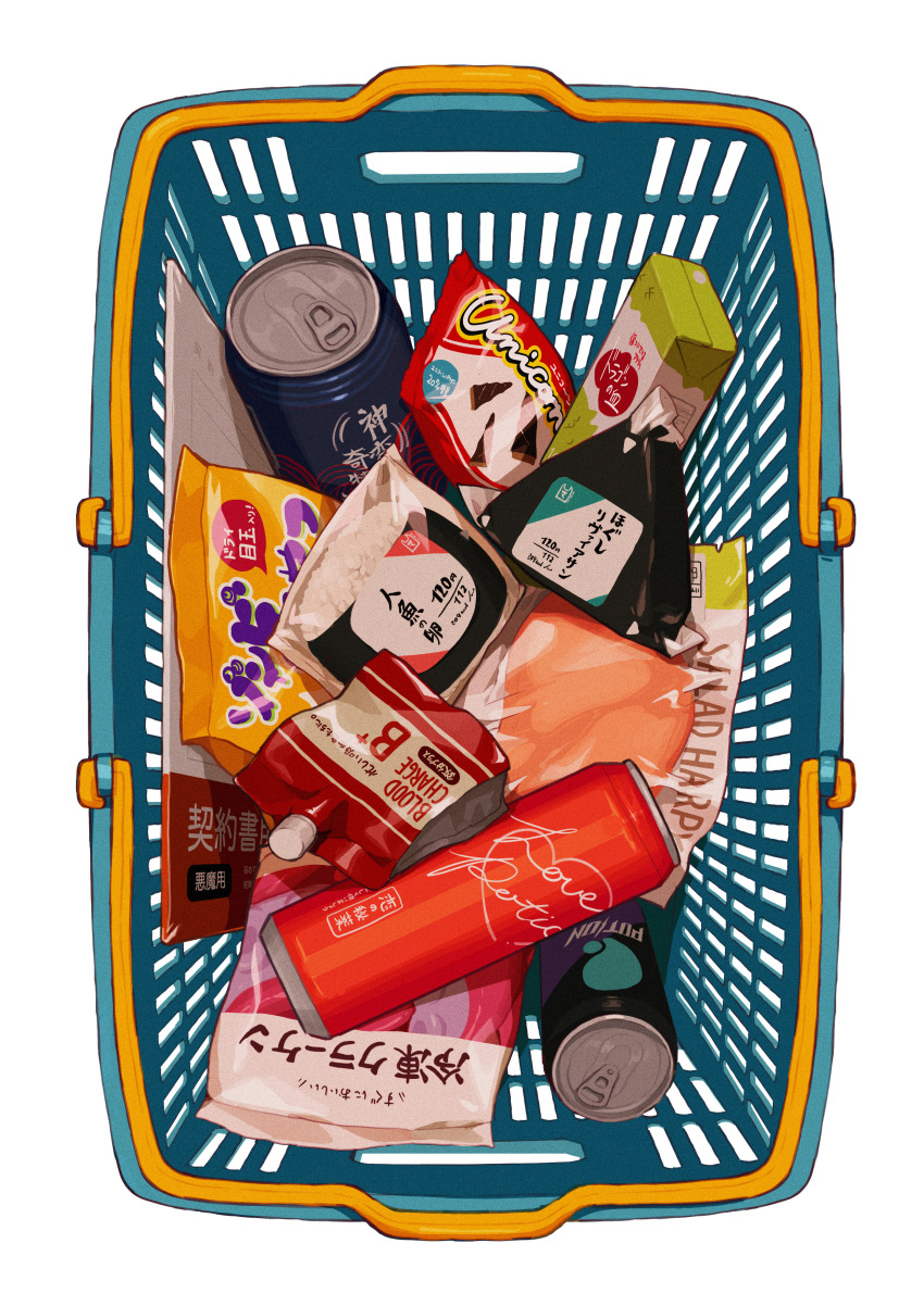 absurdres, basket, bottle, can, commentary_request, drink_can, food, food_packaging