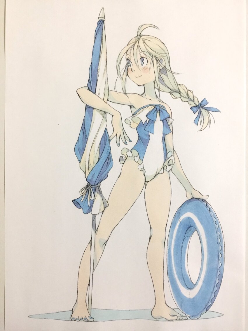 1girl, barefoot, beach_umbrella, blonde_hair, blue_one-piece_swimsuit, braid, collarbone, frilled_one-piece_swimsuit, frills, full_body, highres, innertube, looking_to_the_side, one-piece_swimsuit, original, painting_(medium), peter_salt, smile, solo, standing, strapless, strapless_one-piece_swimsuit, swim_ring, swimsuit, traditional_media, two-tone_one-piece_swimsuit, umbrella, umbrella_over_shoulder, watercolor_(medium), white_one-piece_swimsuit
