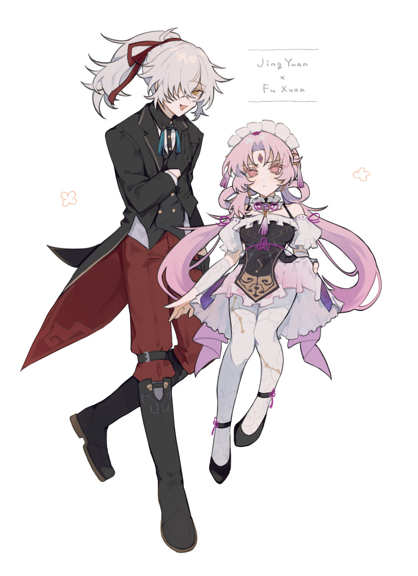 1boy, 1girl, :d, adapted_costume, alternate_costume, alternate_hairstyle, ankle_strap, black_boots