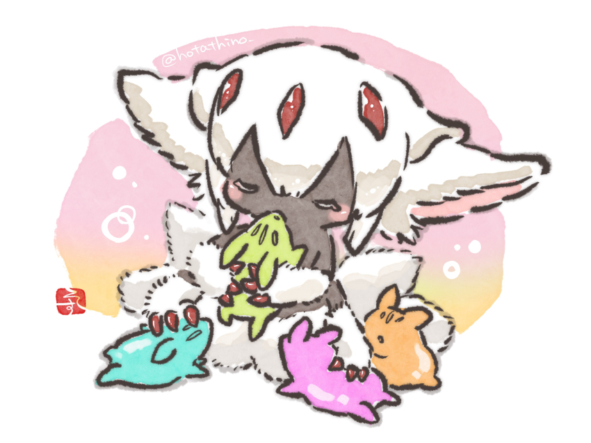 1girl, animal_ears, blush, claws, closed_eyes, commentary_request, creature, dark-skinned_female