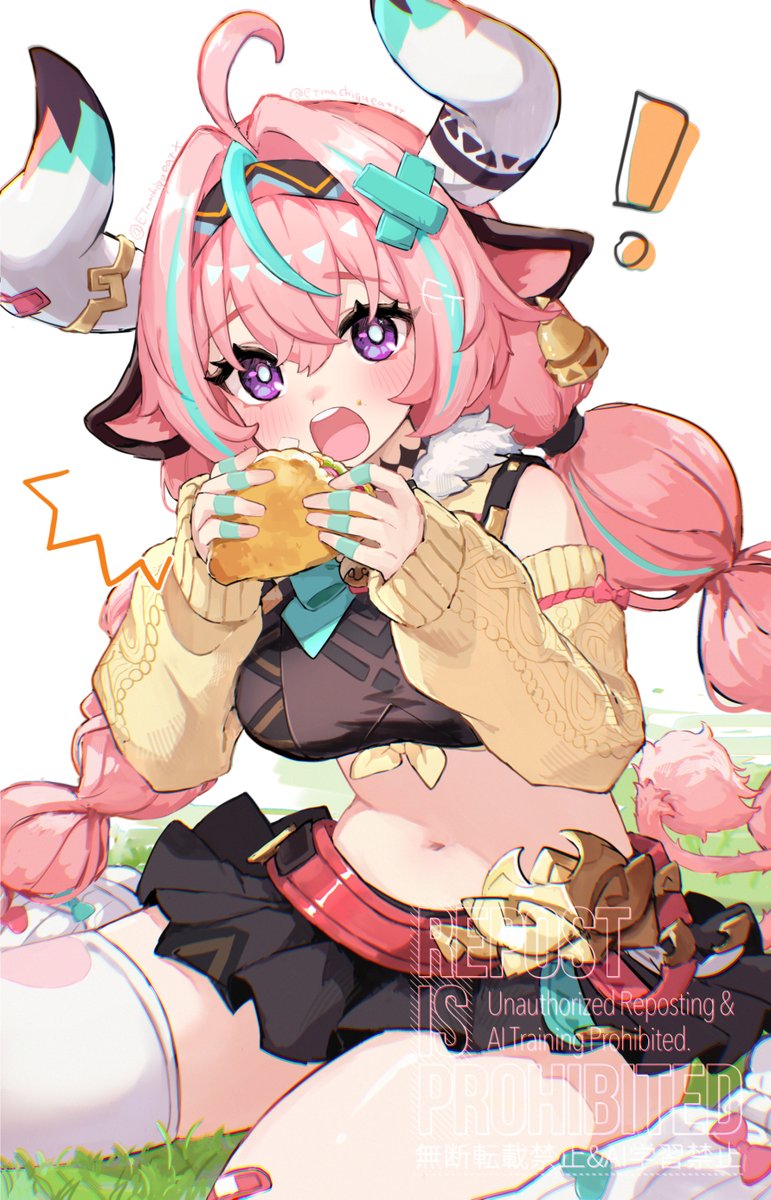 !, 1girl, ahoge, animal_ears, aqua_hair, bandaid, bell, black_skirt