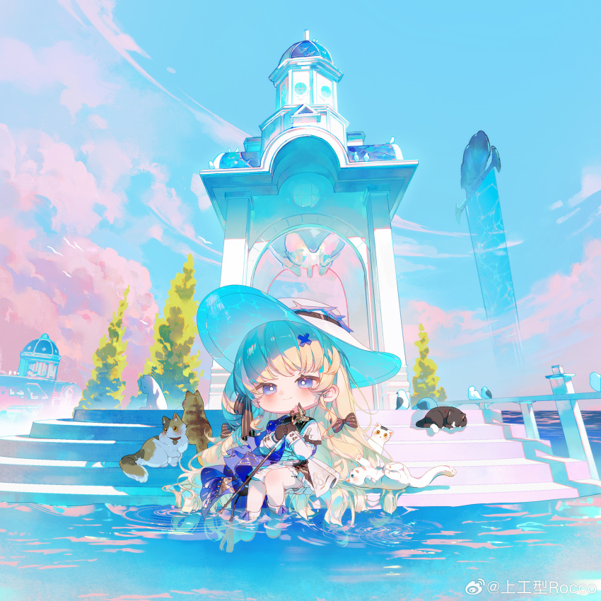 1girl, absurdres, black_gloves, blonde_hair, blue_eyes, blue_sky, bright_pupils, cat