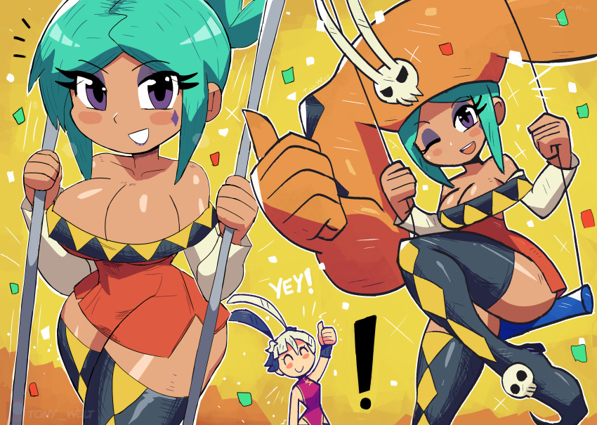 !, 2girls, absurdres, aqua_hair, black_boots, black_hair, blush, boots