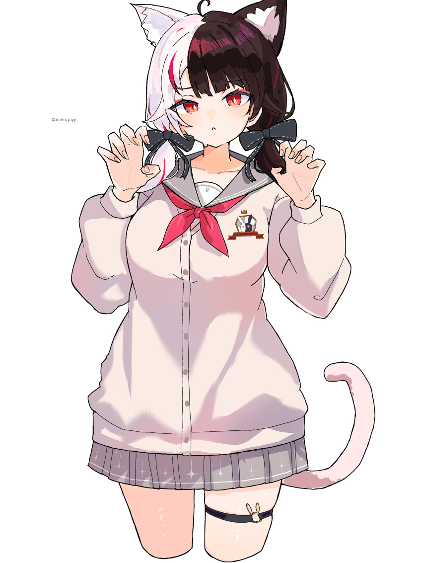 1girl, absurdres, ahoge, animal_ears, black_hair, cardigan, cat_ears, cat_girl