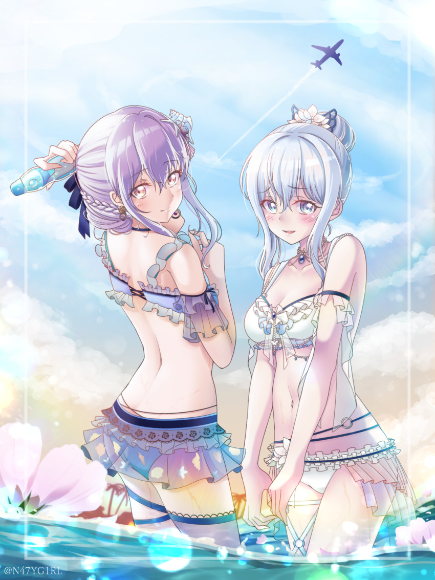 2girls, bang_dream!, bang_dream!_girls_band_party!, bikini, bikini_skirt, blue_sky, breasts, frilled_bikini