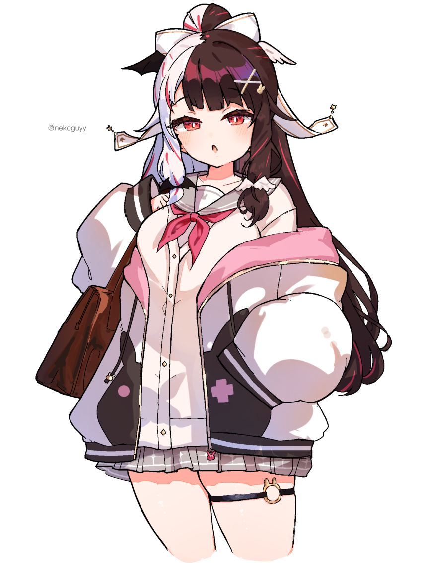 1girl, black_hair, cardigan, cowboy_shot, grey_sailor_collar, hair_ornament, hair_ribbon, half-closed_eyes