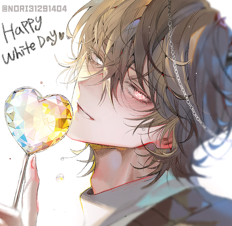 1boy, adam's_apple, artist_name, blurry, blurry_foreground, blush, brown_hair, brown_sweater, candy, chain, collared_shirt, commentary, fingernails, food, from_side, hair_between_eyes, happy_white_day, head_tilt, heterochromia, holding, holding_candy, holding_food, leviathan_(what_in_hell_is_bad), light_smile, looking_at_viewer, male_focus, pink_eyes, portrait, runa_(nori31291404), shirt, short_hair, sidelighting, simple_background, solo, sweater, untranslatable_commentary, symbol-shaped_pupils, teeth, water_drop, wavy_hair, wet, wet_hair, what_in_hell_is_bad, white_background, white_eyes, white_shirt