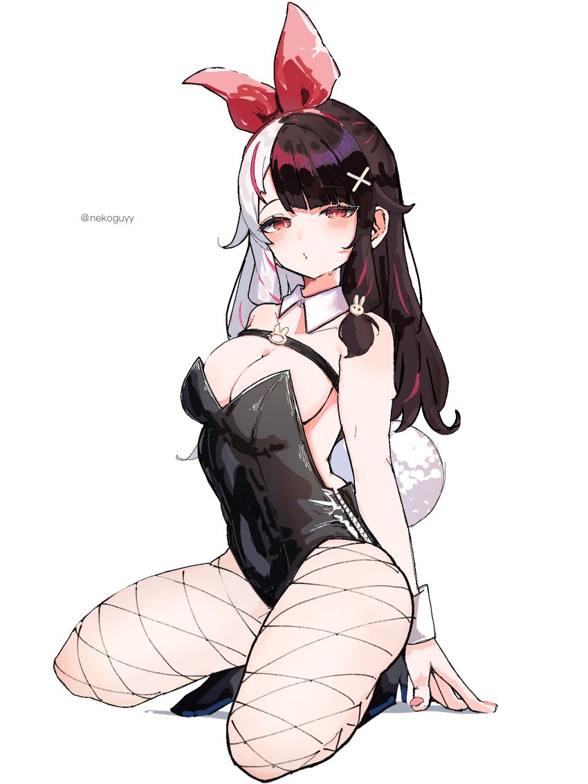 1girl, bare_shoulders, black_hair, black_leotard, breasts, detached_collar, fishnet_pantyhose, fishnets, full_body, hair_ornament, high_heels, highres, leotard, long_hair, multicolored_hair, neko_kai-san, nijisanji, pantyhose, pink_hair, playboy_bunny, red_eyes, simple_background, solo, virtual_youtuber, white_background, white_hair, x_hair_ornament, yorumi_rena