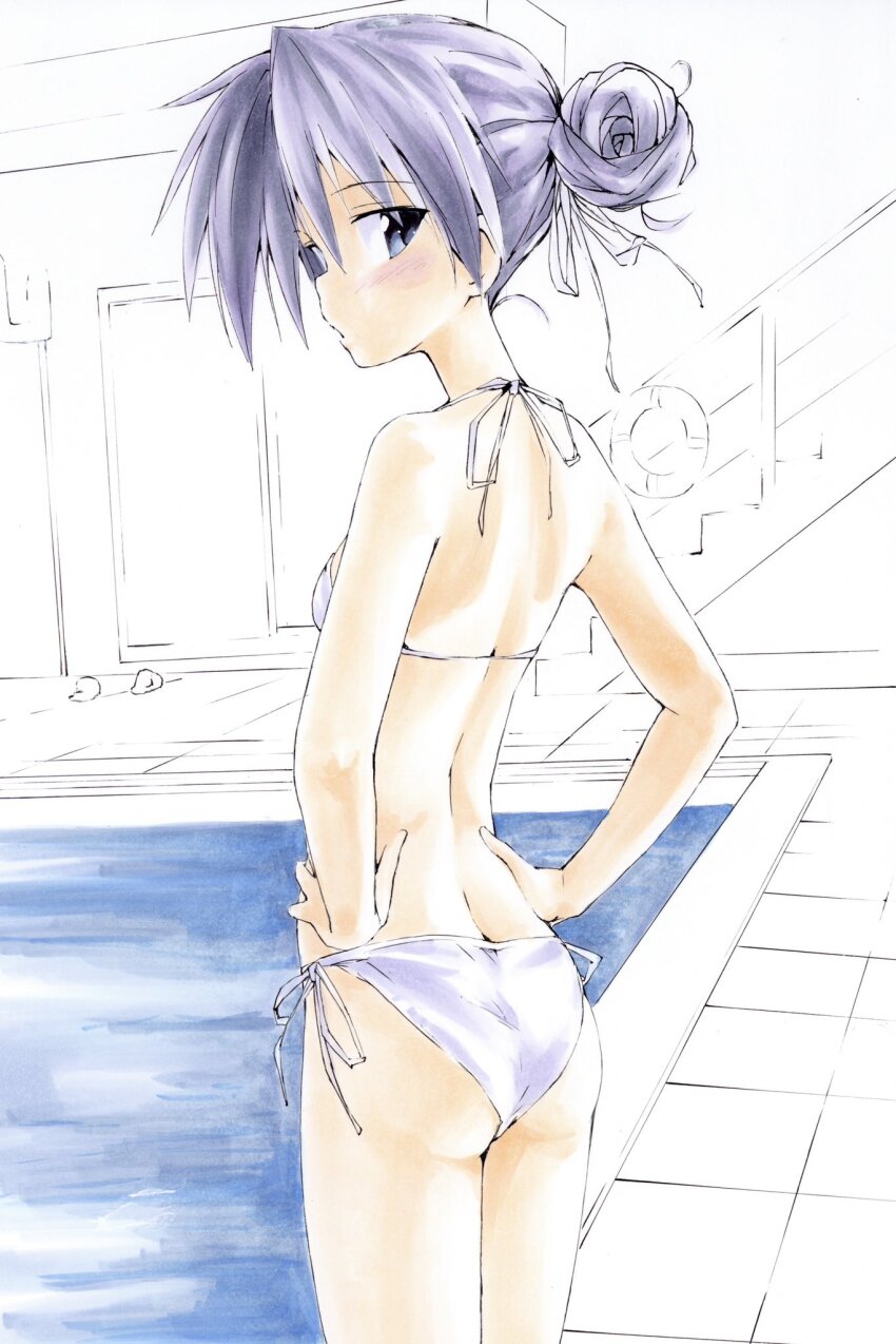 1girl, alternate_hairstyle, ass, back, bikini, blue_eyes, blush, breasts, butt_crack, expressionless, flat_ass, from_behind, hair_bun, halterneck, hands_on_own_hips, highres, hiiragi_kagami, jitome, looking_at_viewer, looking_back, lucky_star, pool, poolside, profile, purple_hair, shiki_59, short_hair, shoulder_blades, side-tie_bikini_bottom, small_breasts, solo, standing, string_bikini, swimsuit, white_bikini