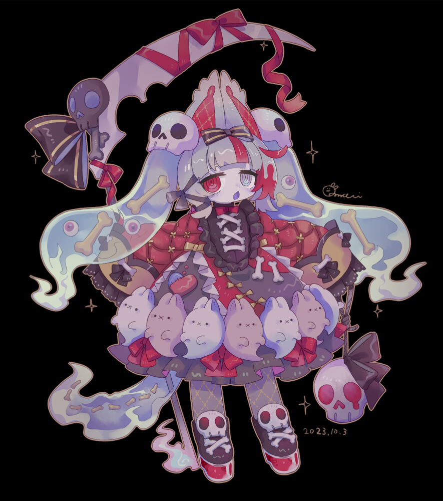 1girl, :o, animal_ears, black_background, black_bow, blunt_bangs, bone_hair_ornament, bow