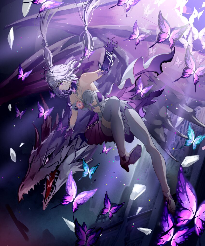 1girl, absurdres, bare_shoulders, black_tiara, blue_butterfly, breasts, bug, butterfly