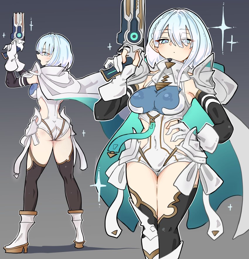 1girl, absurdres, ass, boots, breasts, cape, dreizehn_(shadowverse), elbow_gloves, from_behind, gloves, gun, highres, konomi_eisuke, large_breasts, leotard, looking_at_viewer, multiple_views, open_mouth, shadowverse, shadowverse:_worlds_beyond, short_hair, sideboob, solo, thighhighs, weapon, white_eyes, white_hair