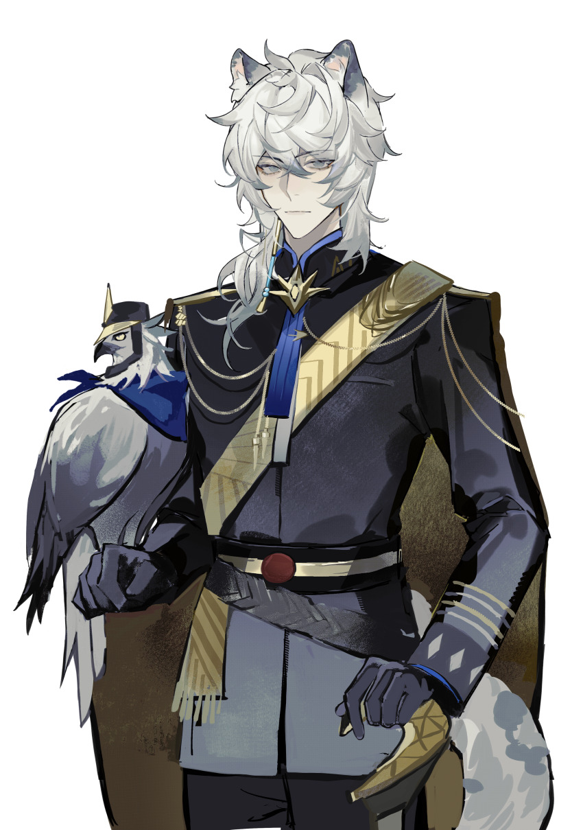 1boy, absurdres, aiguillette, ambience_synesthesia, animal, animal_ears, animal_on_arm, arknights