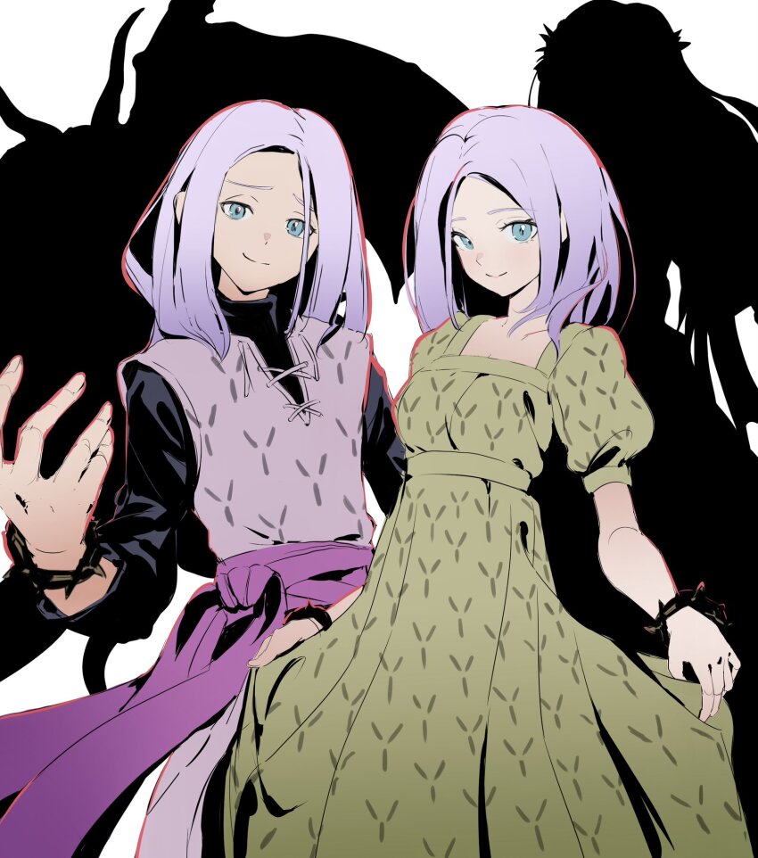 2boys, 2girls, androgynous, black_shirt, blue_eyes, bracelet, breasts, cleavage, commentary_request, dragon_quest, dragon_quest_x, dress, goddess_zenesia, green_dress, grey_hair, grey_tunic, highres, illusia_(dq10), jagonuba, jewelry, long_hair, looking_at_viewer, looking_to_the_side, medium_breasts, medium_hair, multiple_boys, multiple_girls, nalasia, numao_sub, parted_hair, puffy_short_sleeves, puffy_sleeves, purple_sash, sash, shirt, short_sleeves, silhouette, smile, thorns, tunic, upper_body, white_background