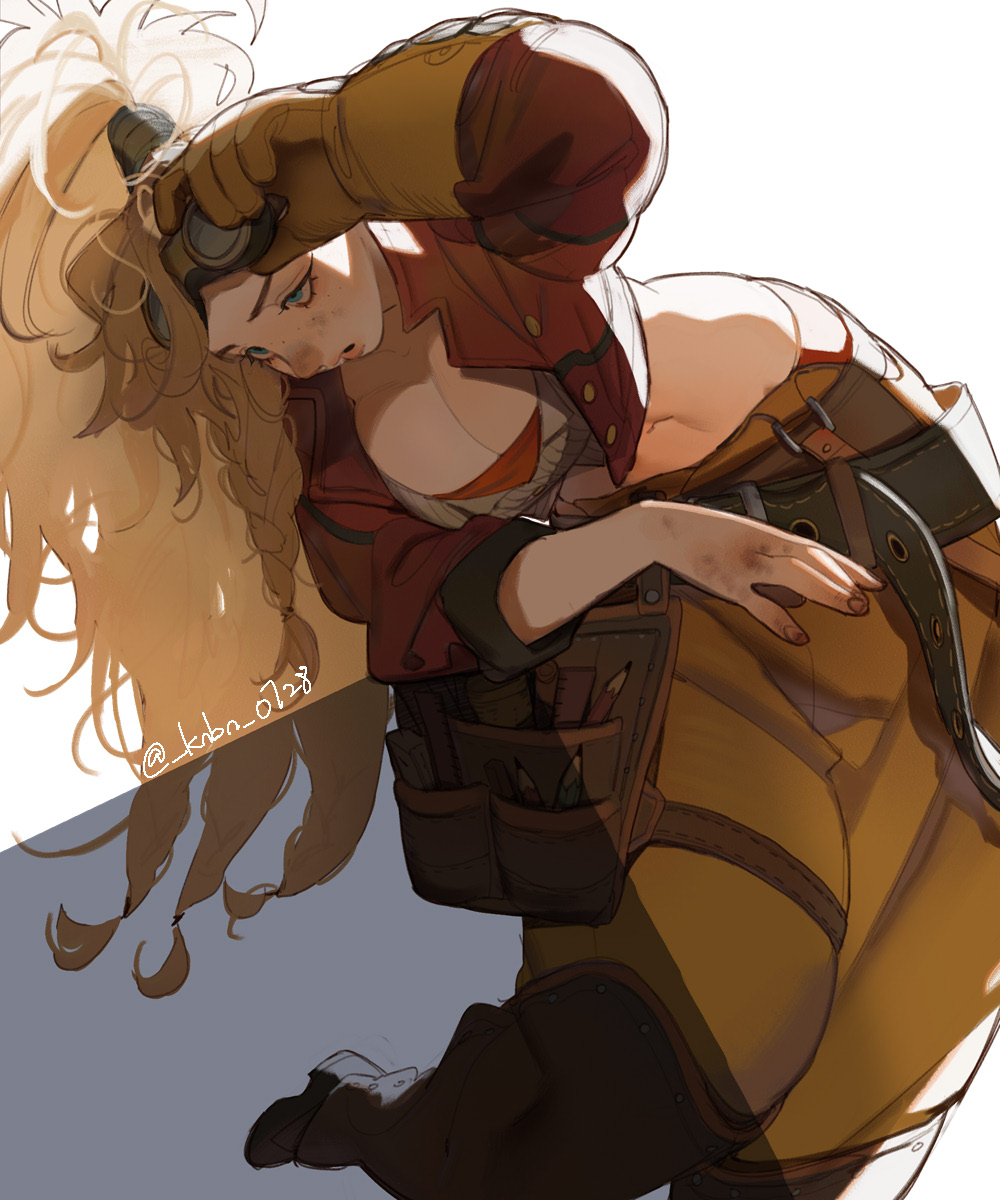 1girl, adjusting_eyewear, artist_name, belt, black_belt, blonde_hair, blue_eyes, braid