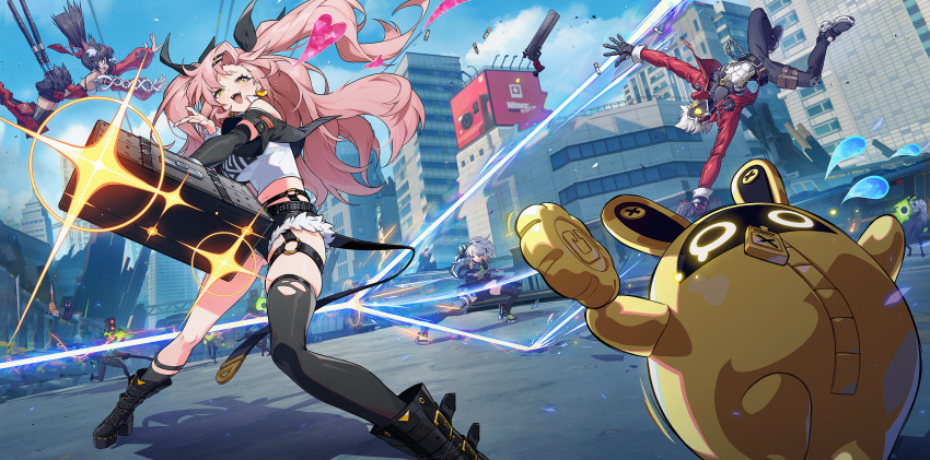 0_0, 1boy, 3girls, anby_demara, animal_ears, arms_up, asymmetrical_legwear, attack, bangboo_(zenless_zone_zero), battle, billy_kid, black_hair, braid, cable, cable_tail, cat_ears, cat_girl, cat_tail, coin, dark-skinned_female, dark_skin, day, debris, deflect, detached_sleeves, ethereal_(zenless_zone_zero), falling, fighting_stance, fisheye, fleeing, floating_hair, flying_sweatdrops, gluteal_fold, golden_bangboo, green_eyes, heart, highres, holding, holding_coin, holding_weapon, humanoid_robot, jacket, kuikui, laser, long_hair, long_sleeves, looking_to_the_side, mechanical_tail, monster, multiple_girls, multiple_tails, nekomiya_mana, nicole_demara, open_clothes, open_jacket, open_mouth, outdoors, outstretched_arms, pants, pink_hair, red_jacket, robot, running, shirt, shorts, side_braid, single_braid, single_thighhigh, smile, standing, stiff_tail, tail, tearing_up, thighhighs, torn_clothes, torn_thighhighs, two_tails, very_long_hair, weapon, zenless_zone_zero