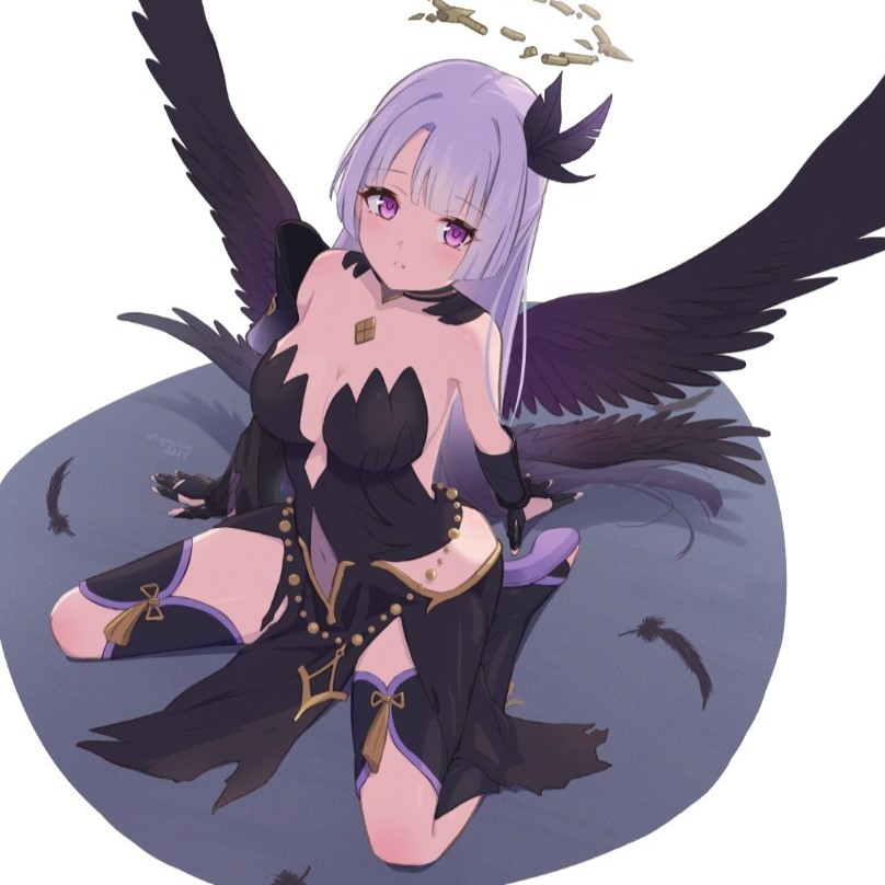 1girl, black_feathers, black_wings, breasts, broken_halo, dress, feather_hair_ornament, feathered_wings