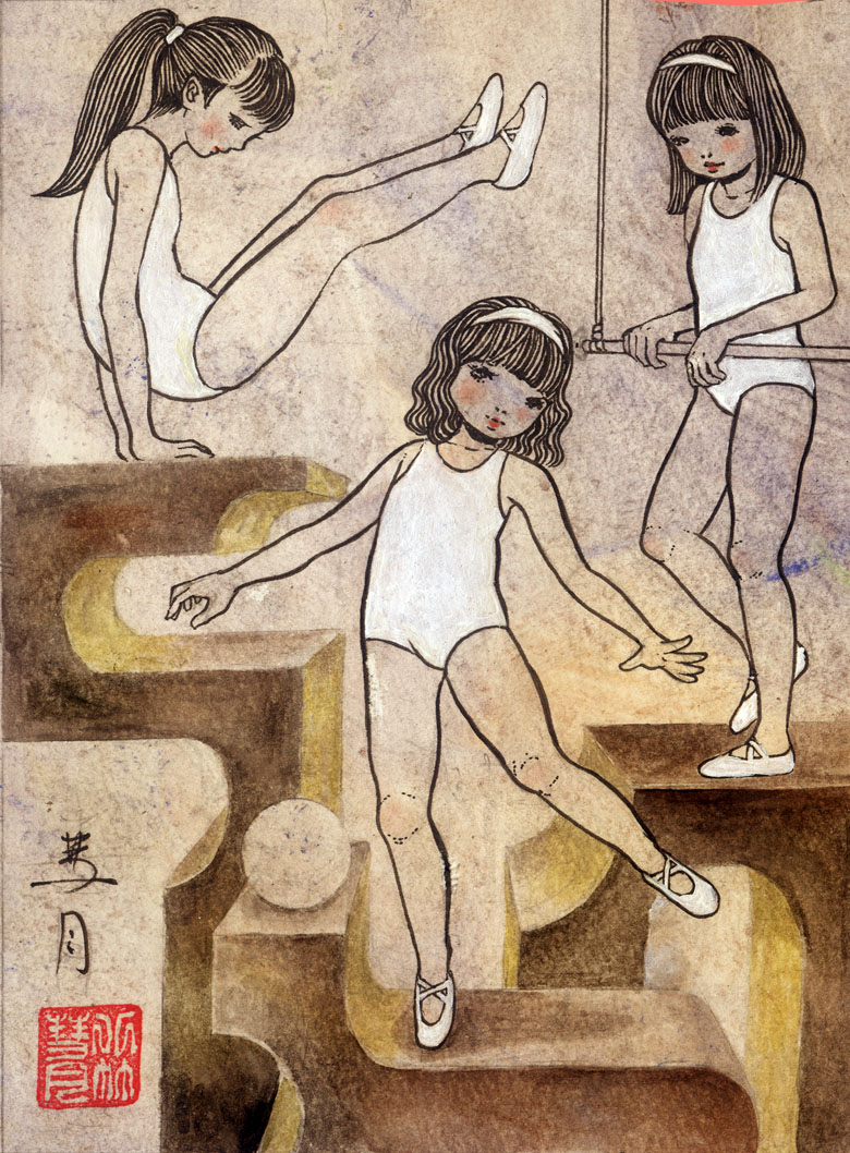 3girls, ball, ballerina, black_eyes, black_hair, blush, collarbone, dancing