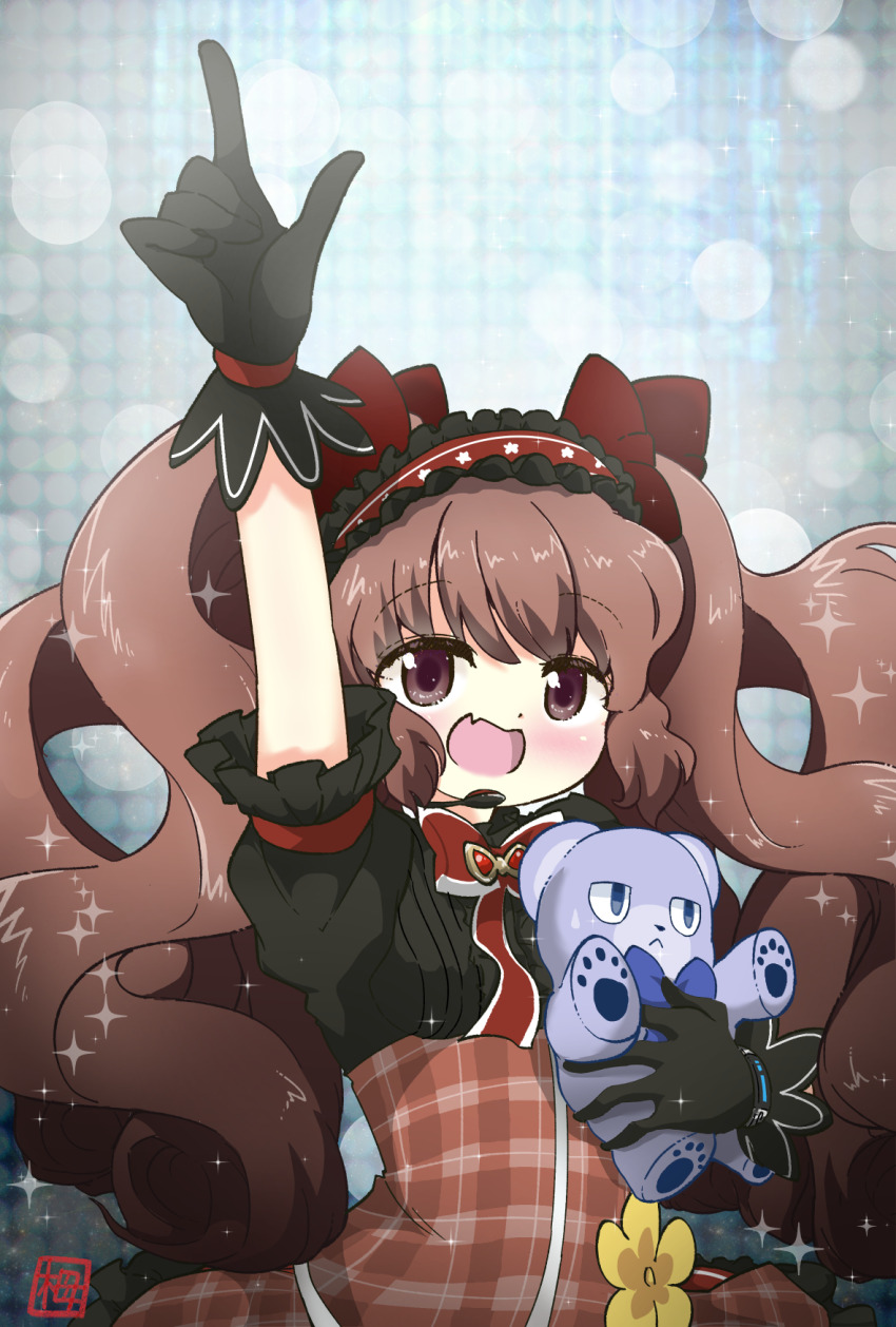 black_gloves, blush, bow, bowtie, brown_eyes, brown_hair, gloves, hair_ornament