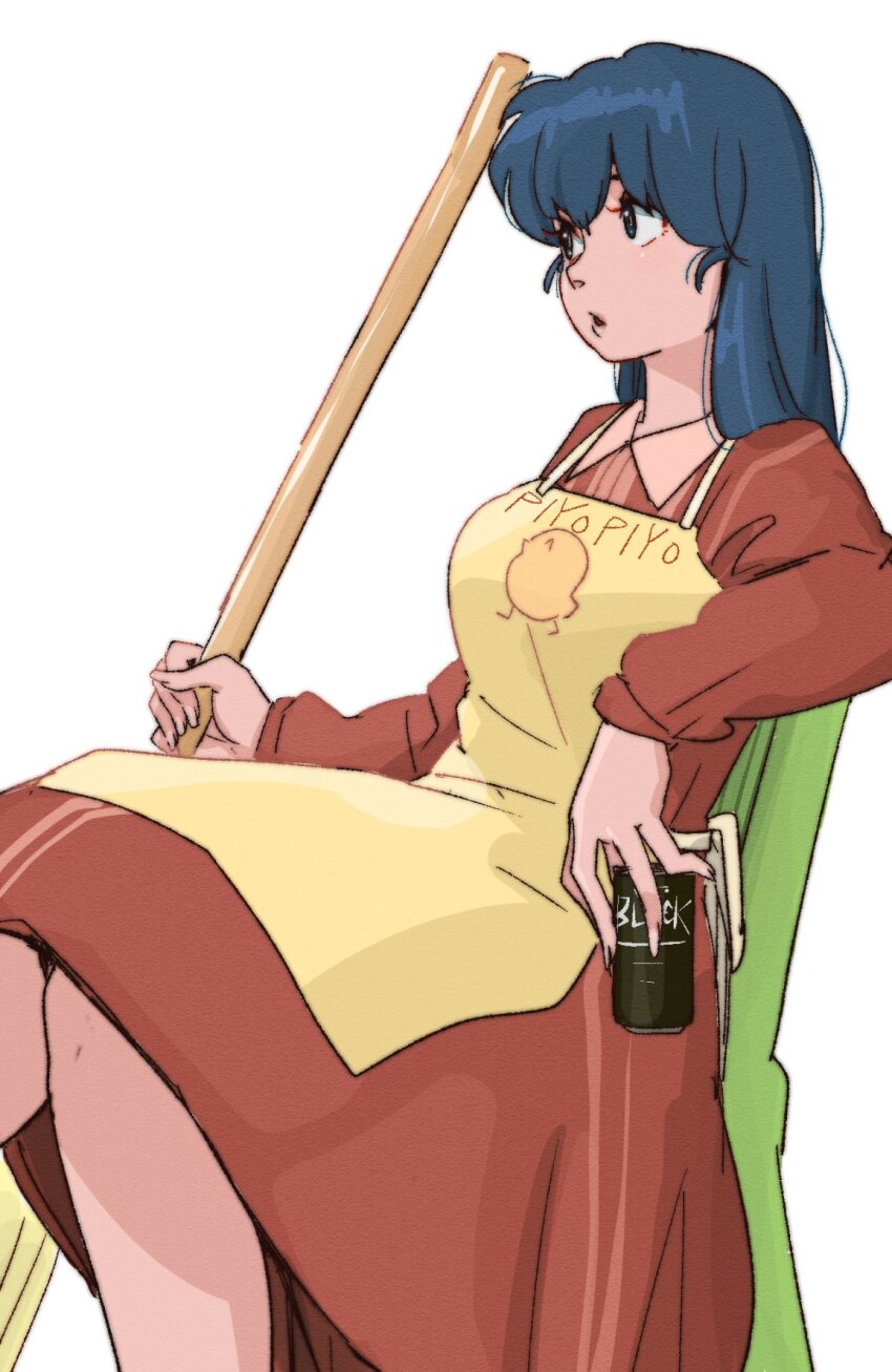 1girl, apron, blue_eyes, blue_hair, broom, can, chair, chick_print