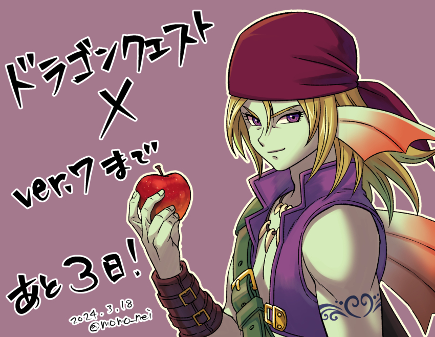 1boy, 2024, apple, aqua_skin, arm_tattoo, back_fin, bandana, blonde_hair