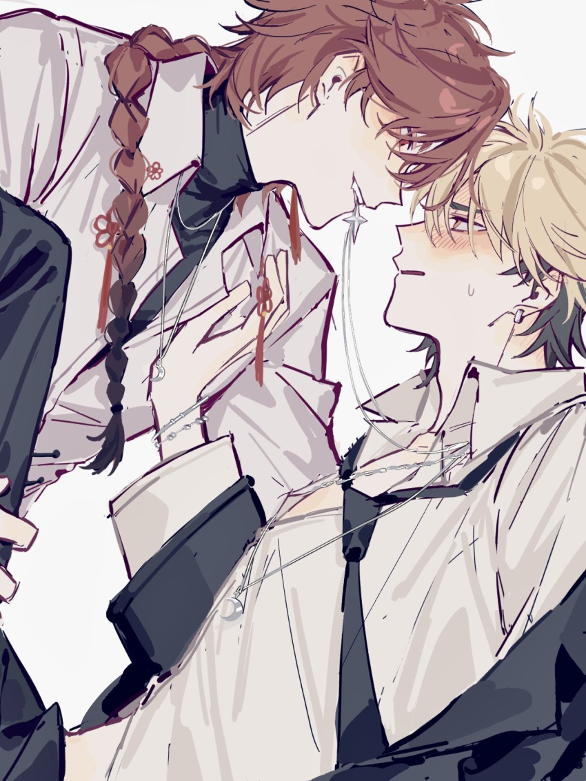 2boys, black_hair, black_jacket, black_necktie, black_pants, black_shirt, blonde_hair, blush