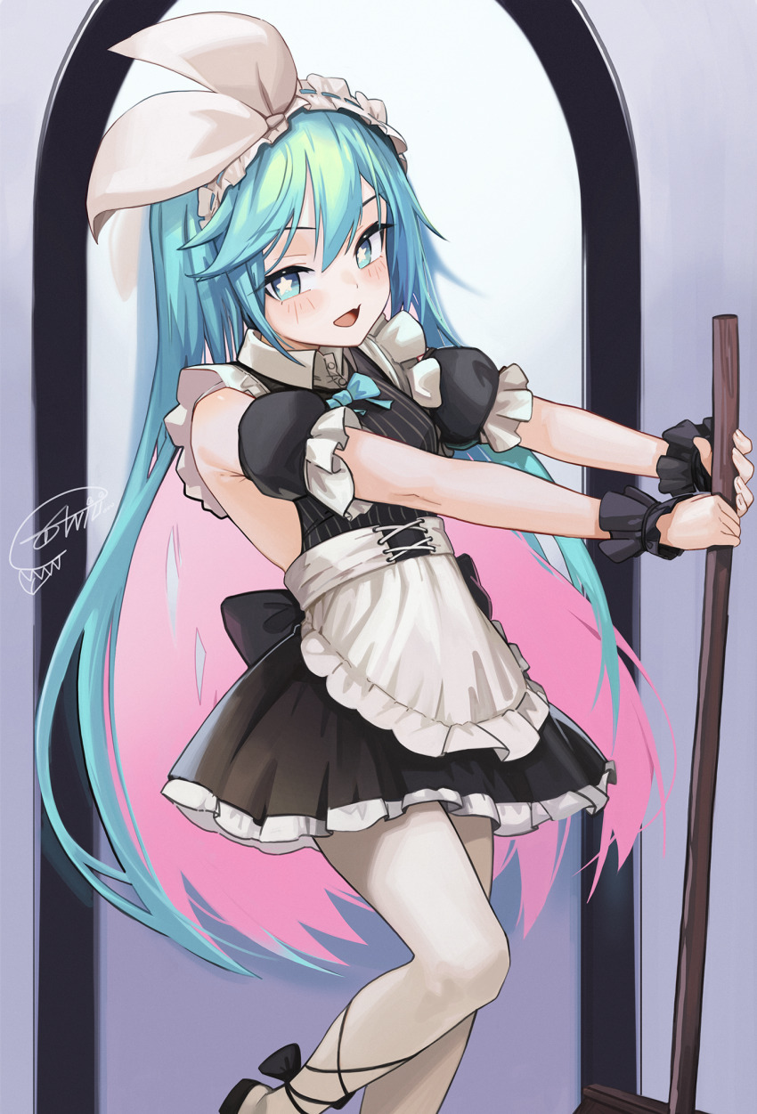1girl, anizi, apron, armpit_crease, bare_shoulders, black_dress, blue_eyes, blue_hair