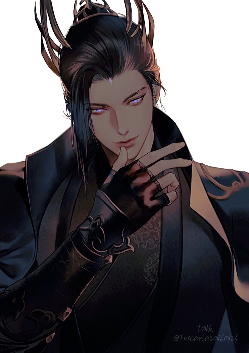 1boy, arm_armor, artist_name, black_hair, black_jacket, character_request, chinese_clothes, closed_mouth