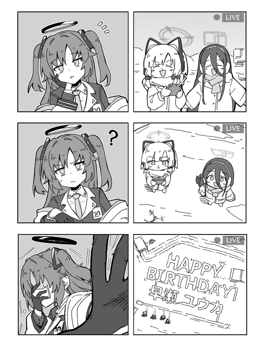 3girls, :3, ?, animal_ear_headphones, animal_ears, aris_(blue_archive), aris_(winter)_(blue_archive), blue_archive