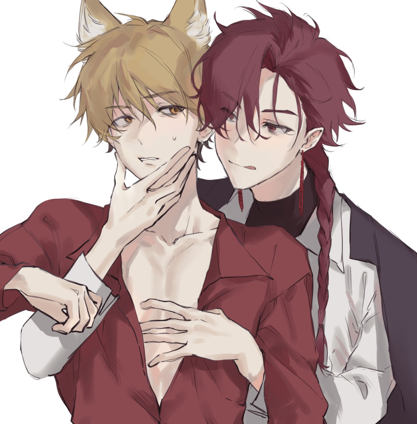 2boys, :q, alternate_costume, animal_ears, black_shirt, blonde_hair, braid, collarbone