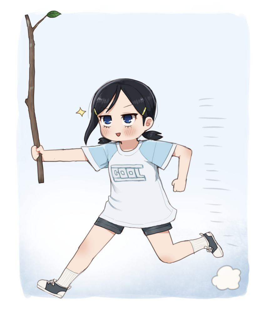 1girl, :d, absurdres, aged_down, black_hair, blue_eyes, blush, branch