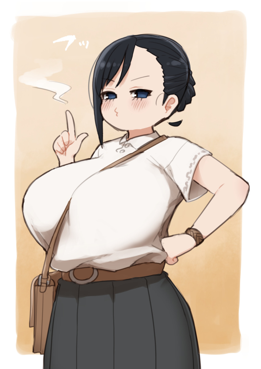 1girl, bag, between_breasts, black_hair, black_skirt, blue_eyes, blush, bracelet, braid, breasts, bun_with_braided_base, clenched_hand, collared_shirt, commentary_request, cowboy_shot, finger_gun, ha?_sushi_part-timer_(ichika), hair_bun, half-closed_eyes, hand_on_own_hip, highres, huge_breasts, ichika_(ichika_manga), jewelry, o3o, original, shirt, short_sleeves, shoulder_bag, single_hair_bun, single_sidelock, skirt, smoke, smoking_finger_gun, solo, strap_between_breasts, sushi_gaki, v-shaped_eyebrows, white_shirt