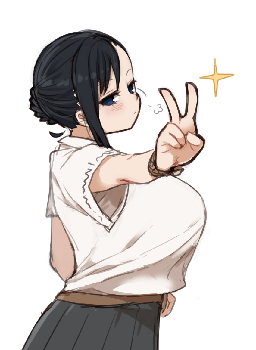 1girl, black_hair, blue_eyes, bracelet, braid, breasts, bun_with_braided_base, commentary_request, cowboy_shot, from_side, grey_skirt, ha?_sushi_part-timer_(ichika), hair_bun, highres, ichika_(ichika_manga), jewelry, large_breasts, original, outstretched_arm, puff_of_air, shirt, short_sleeves, single_hair_bun, single_sidelock, skirt, solo, sparkle, sushi_gaki, v, white_shirt