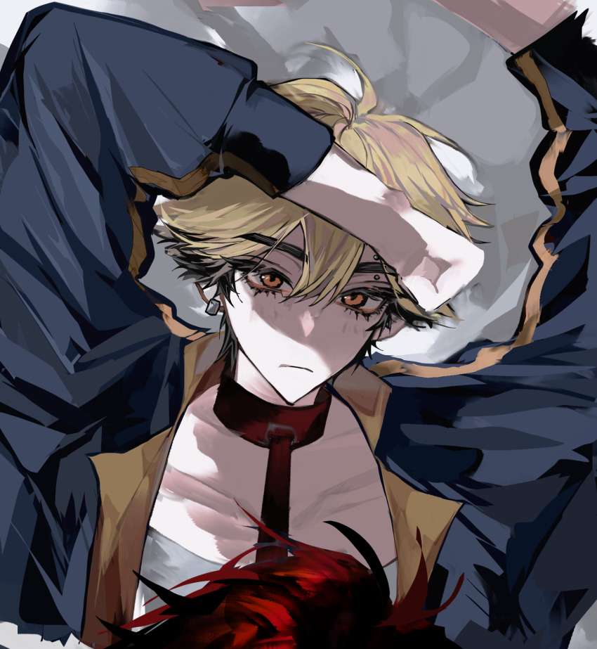 2boys, arms_up, black_hair, blonde_hair, closed_mouth, collar, collarbone, ear_piercing